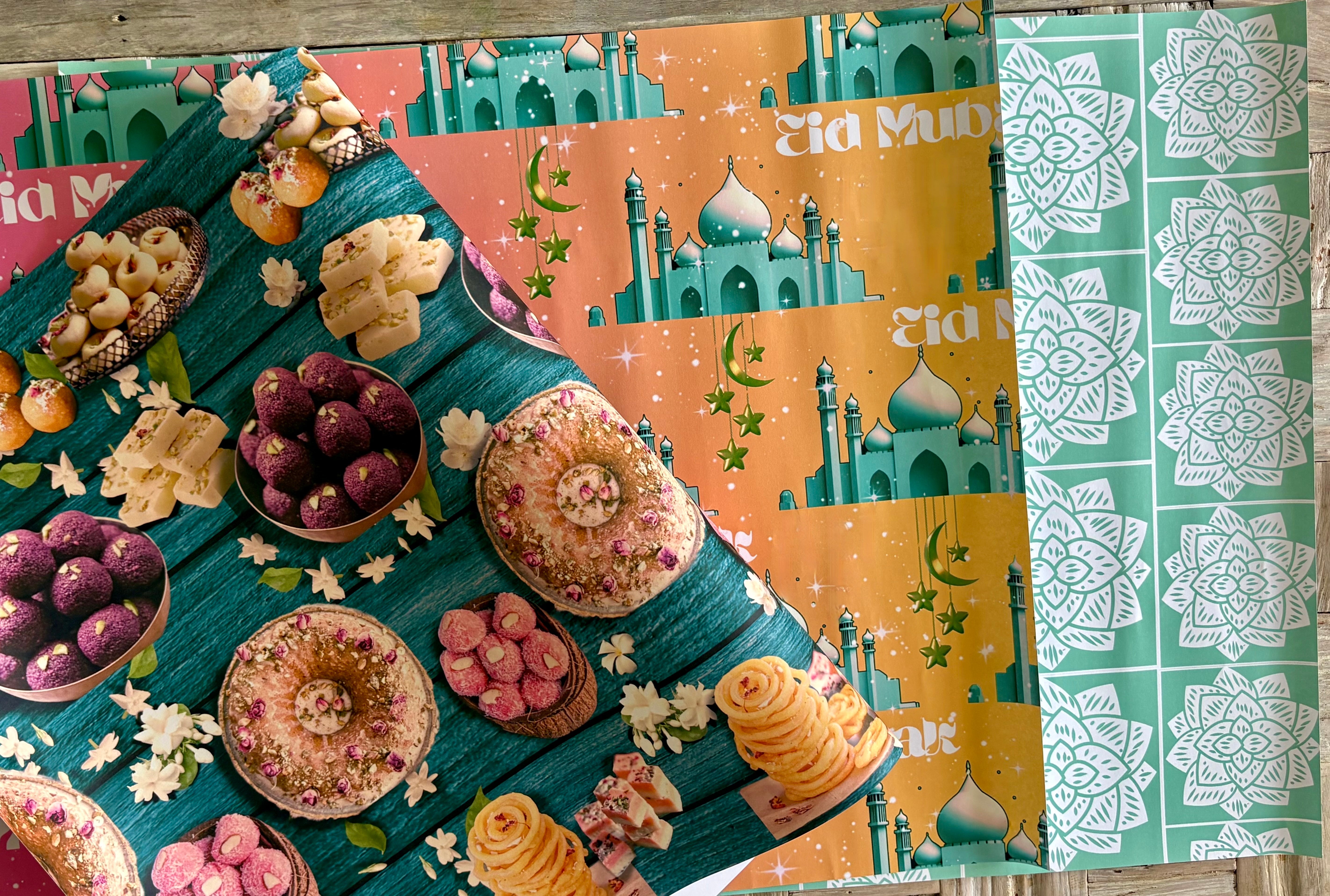 Eid & Diwali wrapping paper by The Life Cycle Design. Mithai, mosques & geometric art.