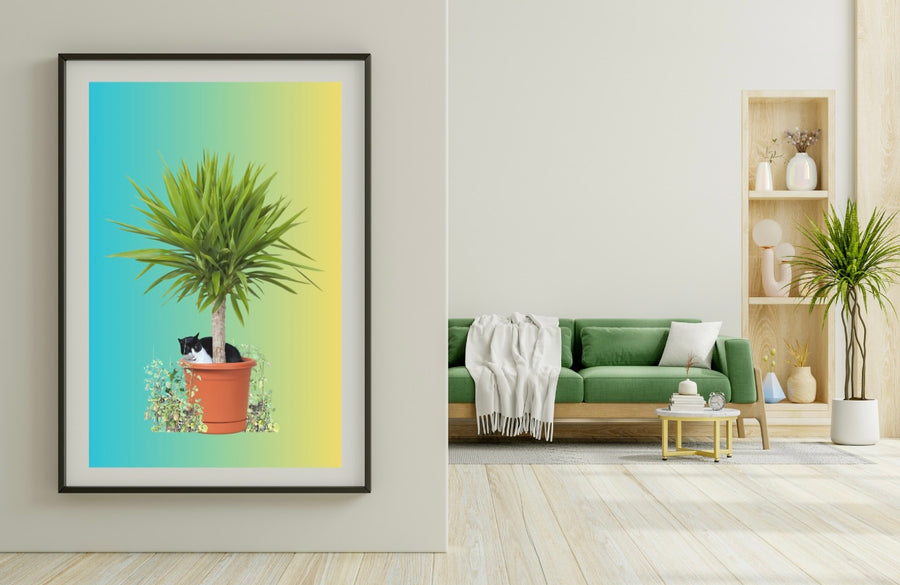 Cat in a plant pot giclée print on 310gsm Hahnemühle German Etching paper