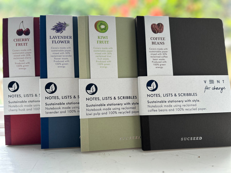Reclaimed kiwi, coffee beans, cherry or lavender (15cm x 21cm) notebooks with 100% recycled paper- Winner Gift of the Year 2022