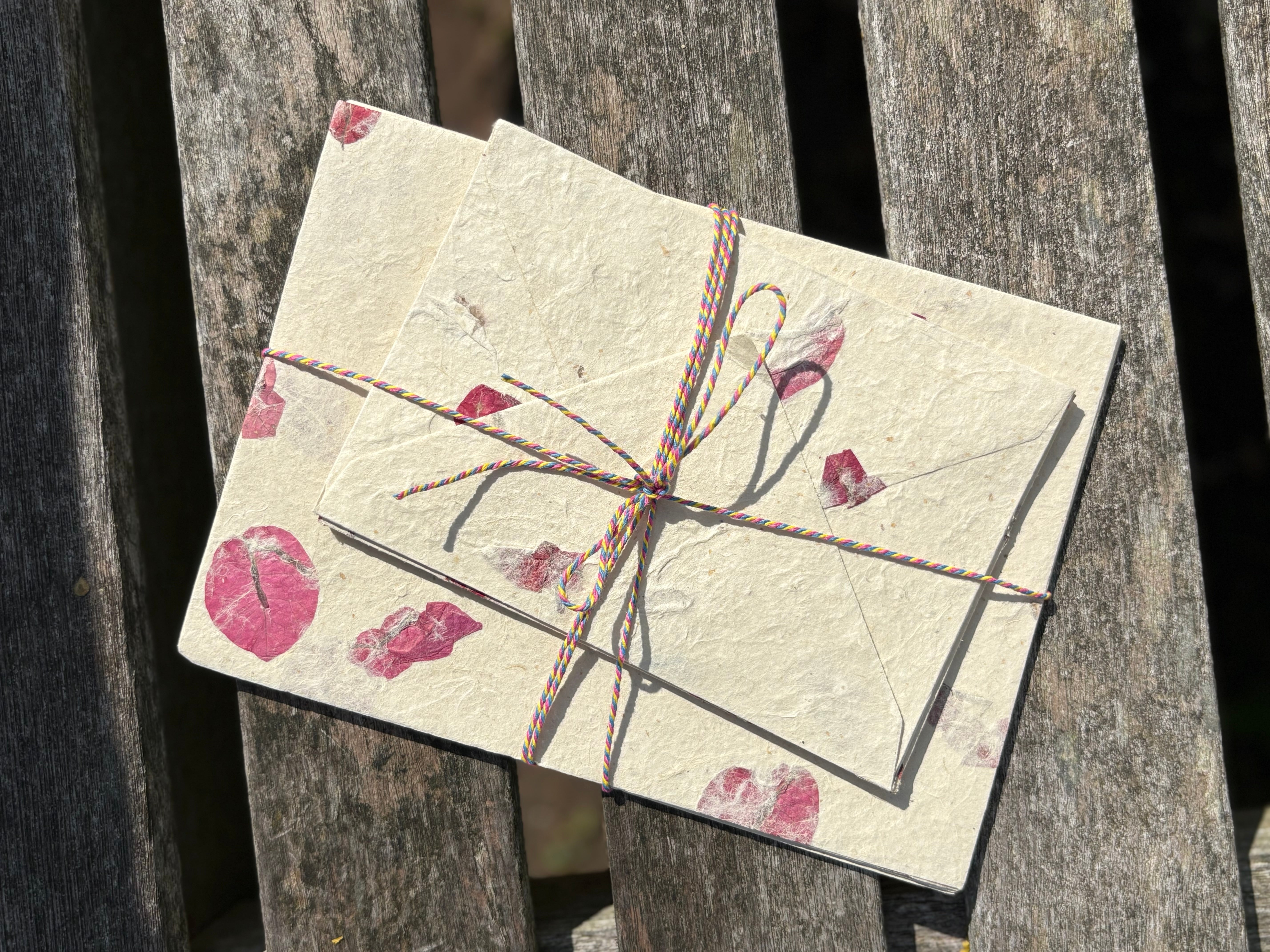 Handmade bougainvillea Lokta A5 paper and envelopes – luxuriously sustainable writing set
