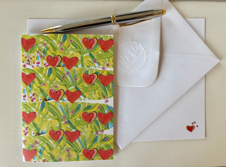 Painted hearts greeting card with hand embossed envelope