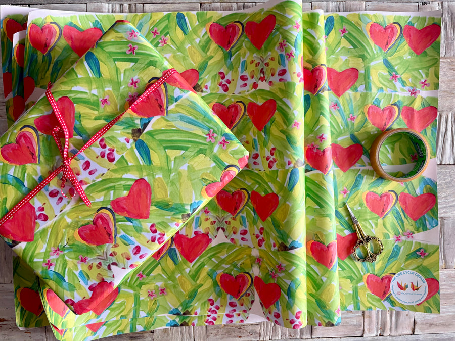 Painted hearts wrapping sheets, 120gsm, 500mm x 700mm