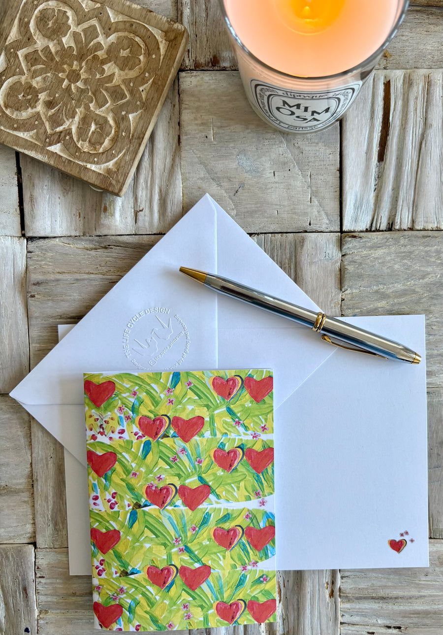 Painted hearts greeting card with hand embossed envelope