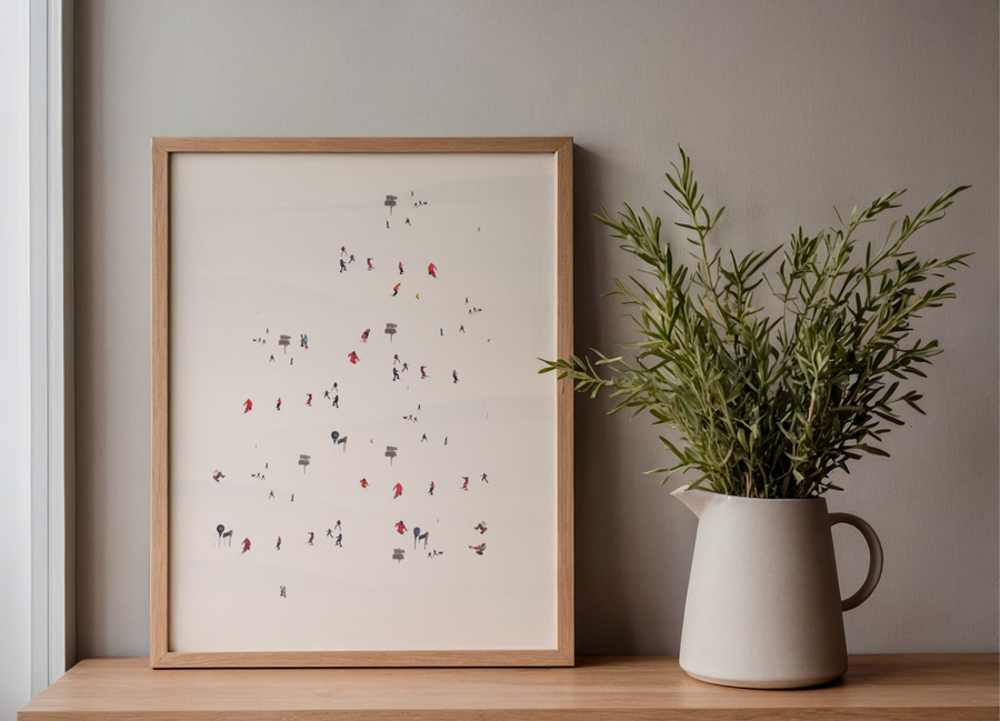 Snow covered slopes and skiers A4 giclée print on 310gsm Hahnemühle German Etching paper