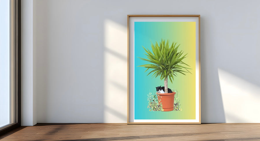Cat in a plant pot giclée print on 310gsm Hahnemühle German Etching paper